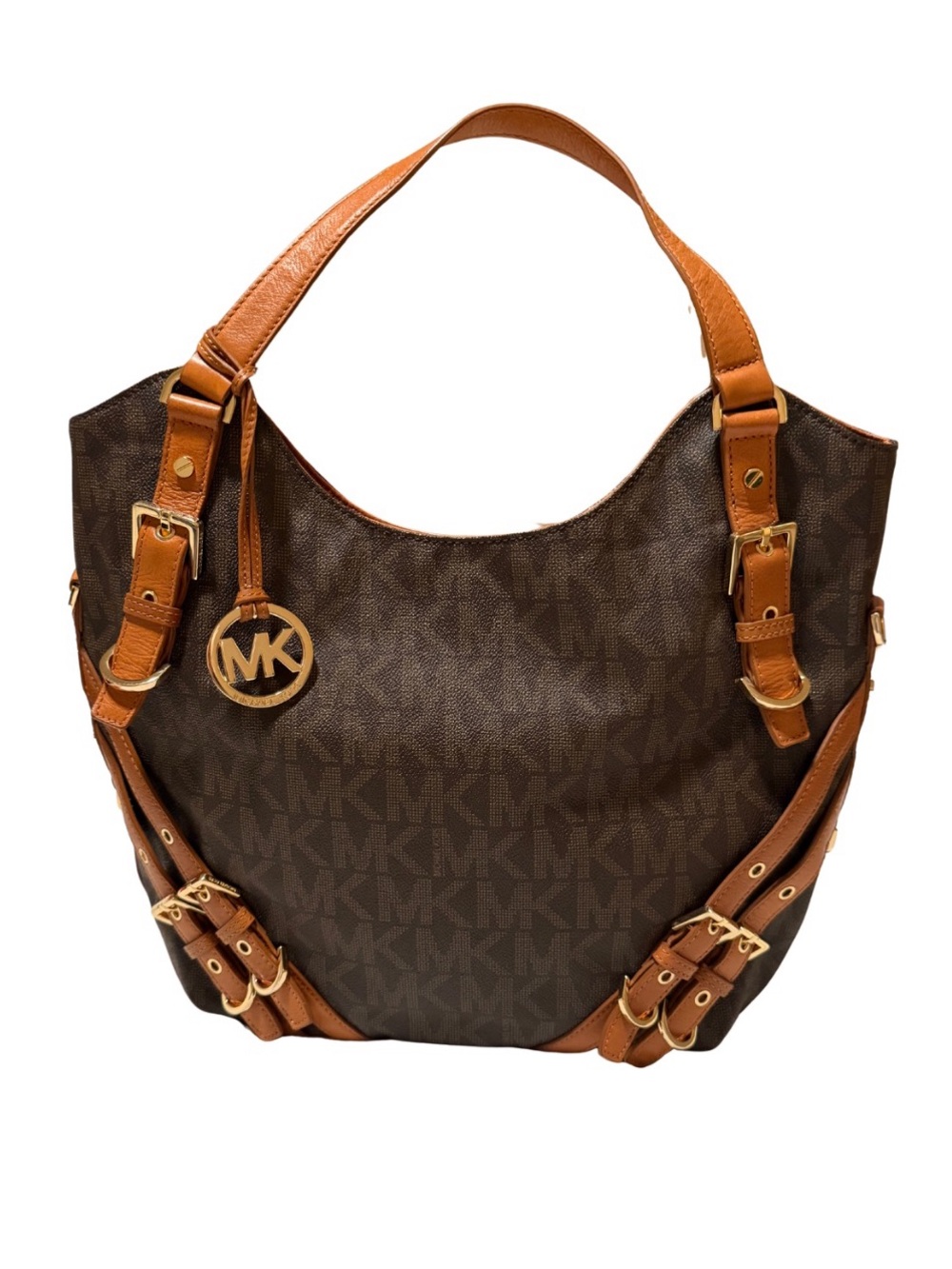 Michael Kors Brown Tan Signature Logo Hobo Milo Shoulder Bag